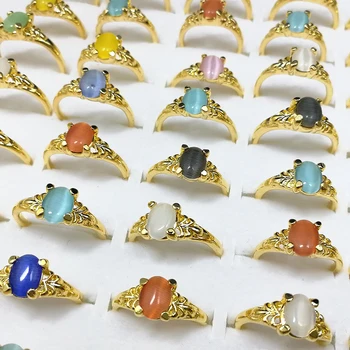 

100pcs Wholesale Lots Bulk Fashion Gold Color Band Mixed Colorful Cat Eye Opal Stone Rings Jewelry Women Girl Rings