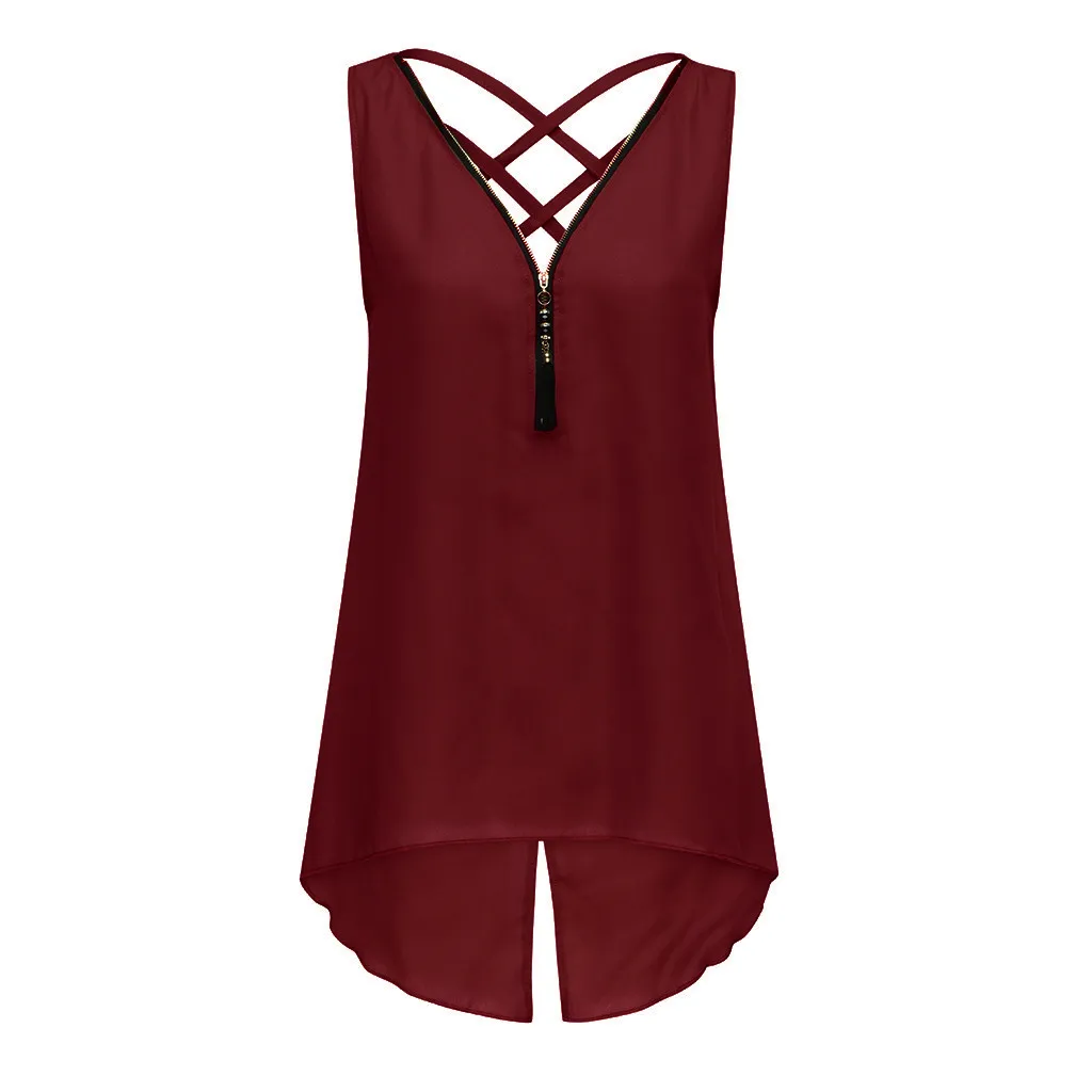 

woman tanktop Women Loose Sleeveless Tank Top Cross Back Irregular Hem Zipper V-Neck Tops harajuku female clothes festival top