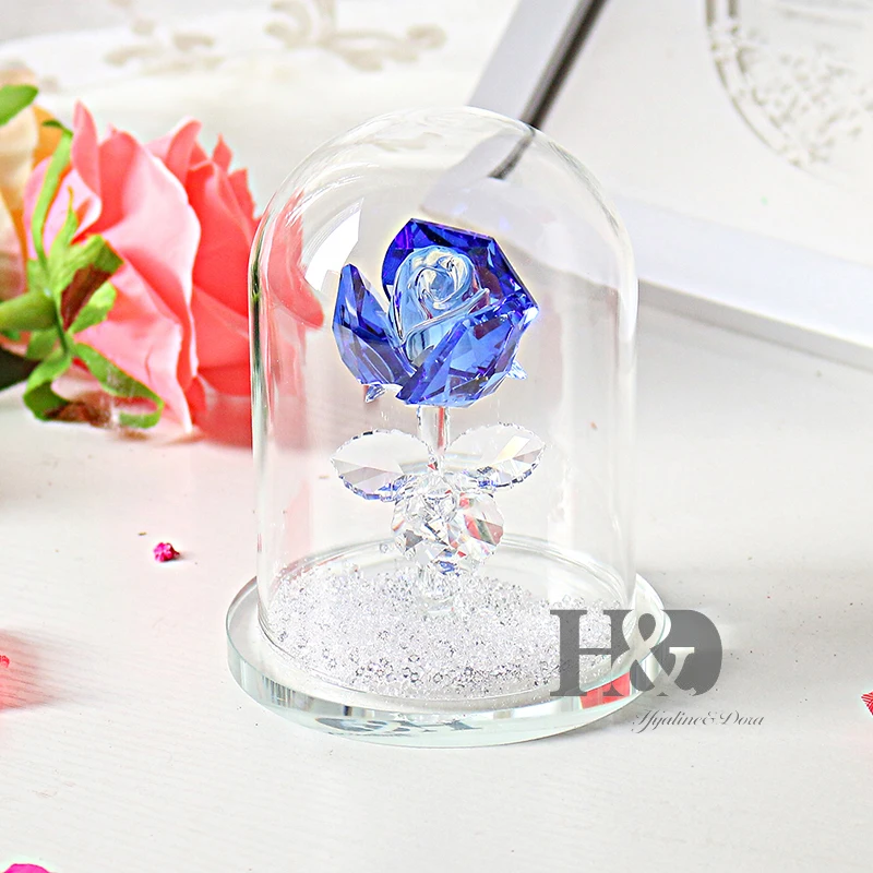 

H&D Crystal Enchanted Rose Blue Rose Flower Figurine in a Glass Dome with Gift Box
