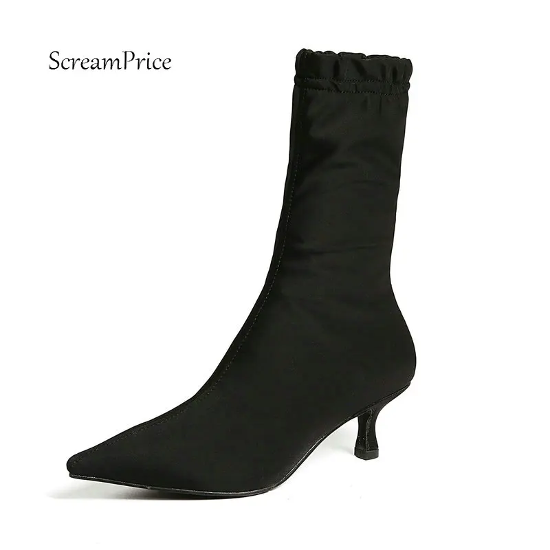 

Female Comfort Stretch Fabric Thin Heel Ankle Sock Boots Fashion Slip On Pointed Toe Lady Fall Winter Bootie Black
