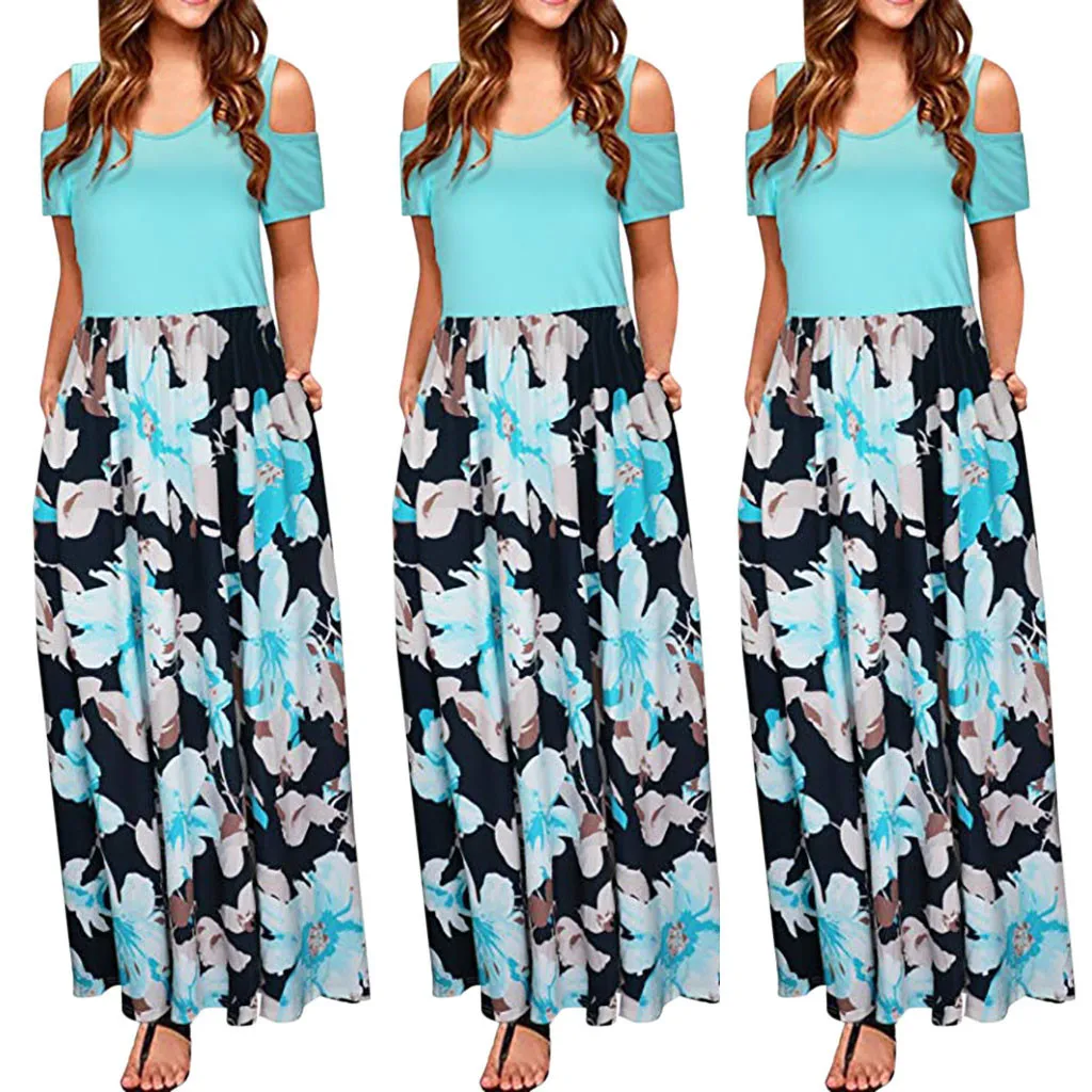 

New Fashion Green Color Flower Print Dress Women' Cold Shoulder Pocket Floral Print Elegant Maxi Short Sleeve Casual Dress #C
