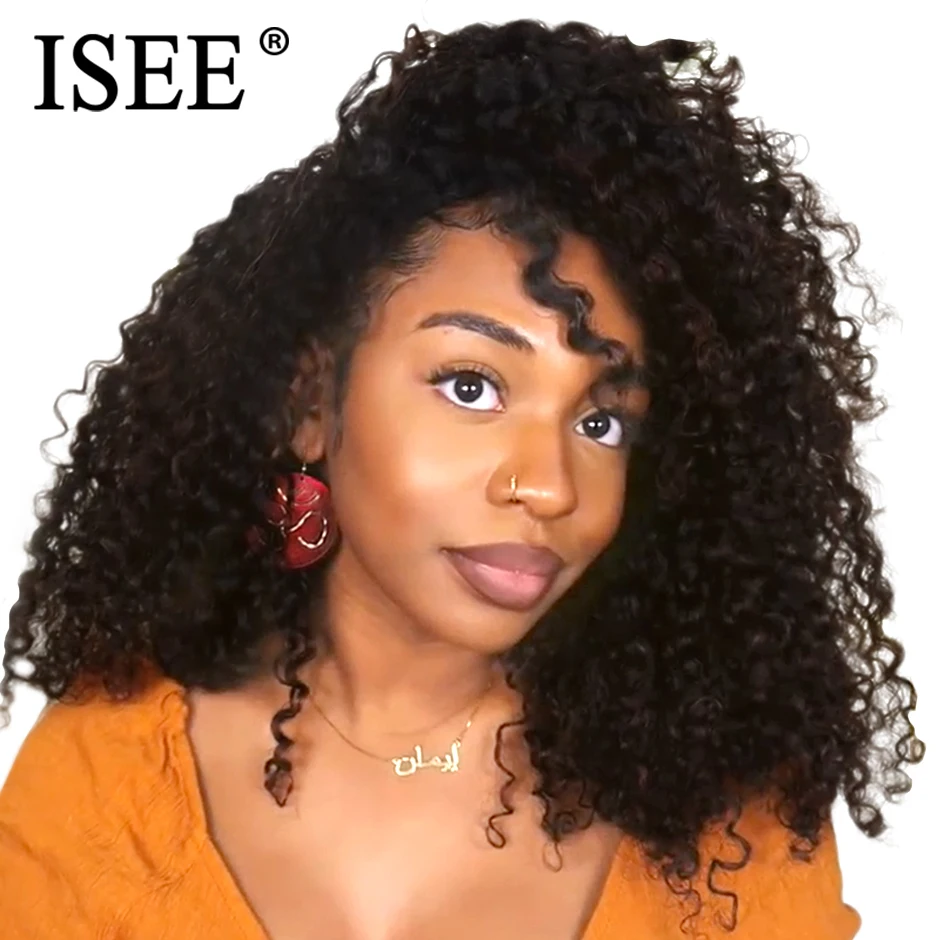 Baratos ISEE cabello mongol rizado mechones con Frontal 13*4 encaje Frontal con mechones Remy mechones de cabello humano con Frontal