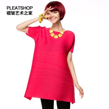 

Miyake pleated summer long design solid color pleated t-shirt o-neck elastic women's petals one-piece shirts fold shirt