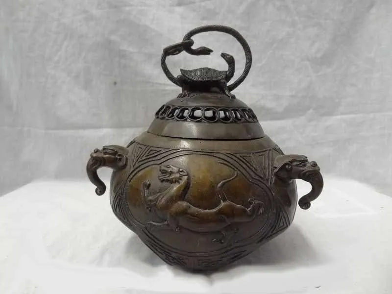 

10" China Bronze Snake Turtle Statue Tibet Dragon Phoenix Incense Burner Censer