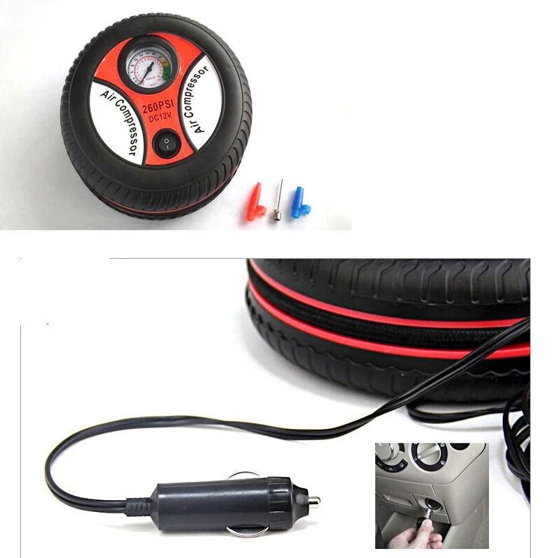 New Round Inflatable Portable 12V Tire Inflator Car Air Compressor Pump Auto 260PSI 3 x Nozzle Adapter High Quality