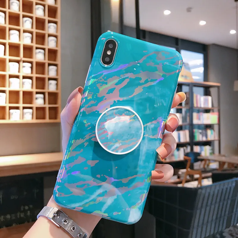 Fundas de teléfono con soporte láser brillante para IPhone Xr Xs Xsmax X 6 6 s 7 8 Plus cubierta de mármol con soporte de agarre funda de silicona Capa