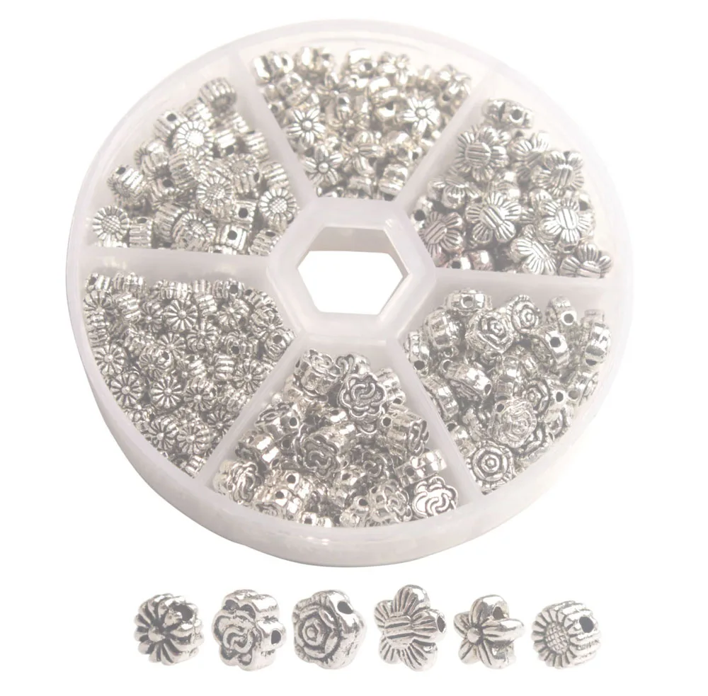 

Whole Sales One Box/380PCS Antiqued Silver Mix Lots Metal Flower Spacer Beads for Jewelry Making