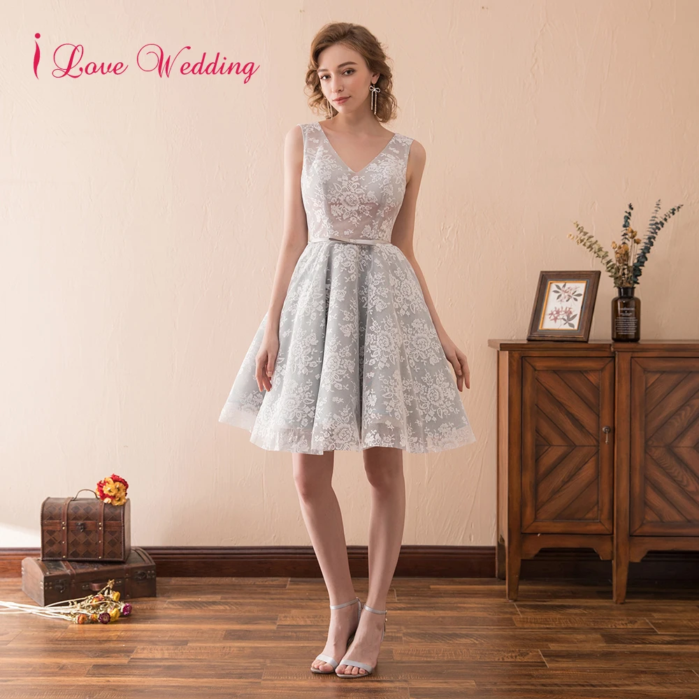 

Elegant Gray Lace Prom Dresses Knee Length Short Sexy Backless V Neckline Brithday Party Evening Gown In Stocks 2018 New Arrival
