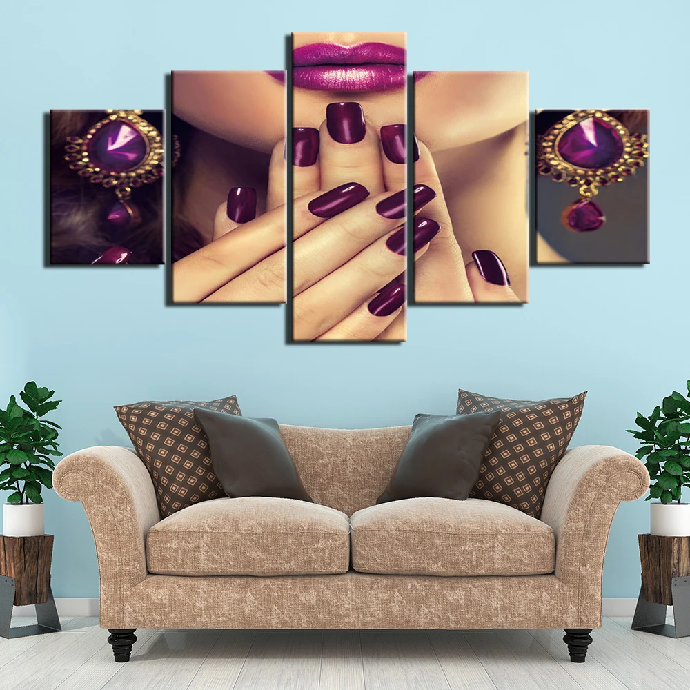 

5 panel canvas art print HD decorative painting pictures beauty lady lips wall art makeup Manicu poster prints home decor