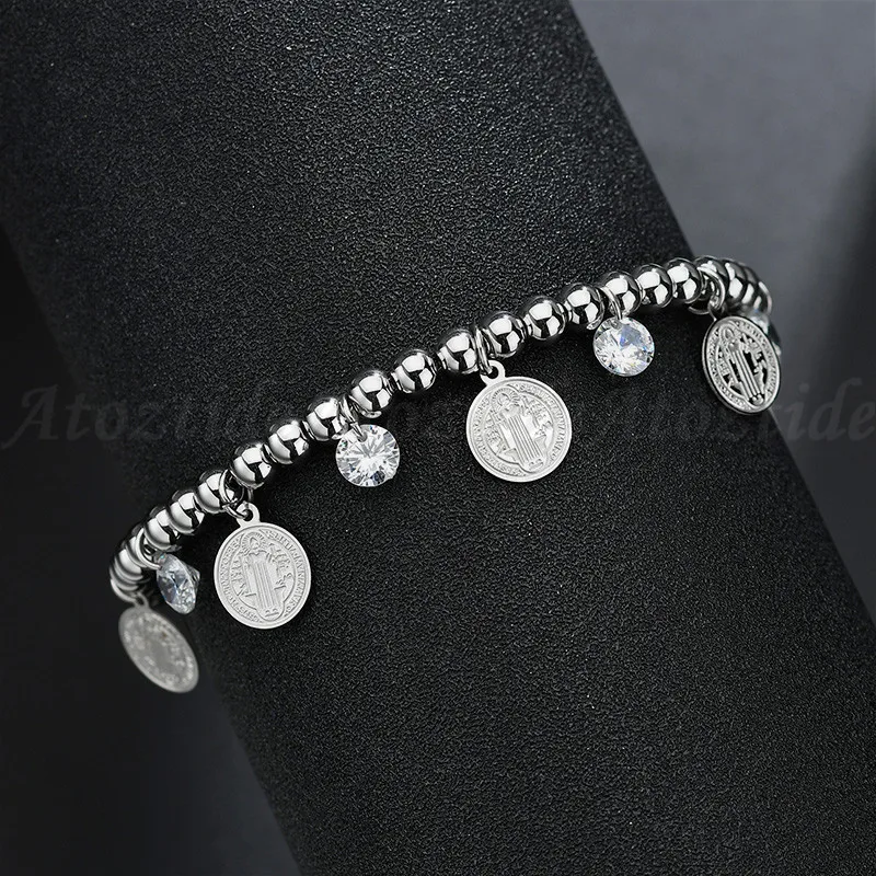 Atoztide классический христианский браслет для женщин, регулируемый браслет из нержавеющей стали, прозрачные кристаллические серебряные цвета, браслет из бисера