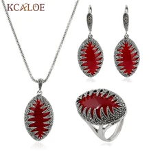 KCALOE Nueva Llegada Natural Piedra Sistemas de La Joyería Plateada Plata de La Vendimia Negro Marquise Forma Circón Anillo Del Pendiente Del Collar Set
