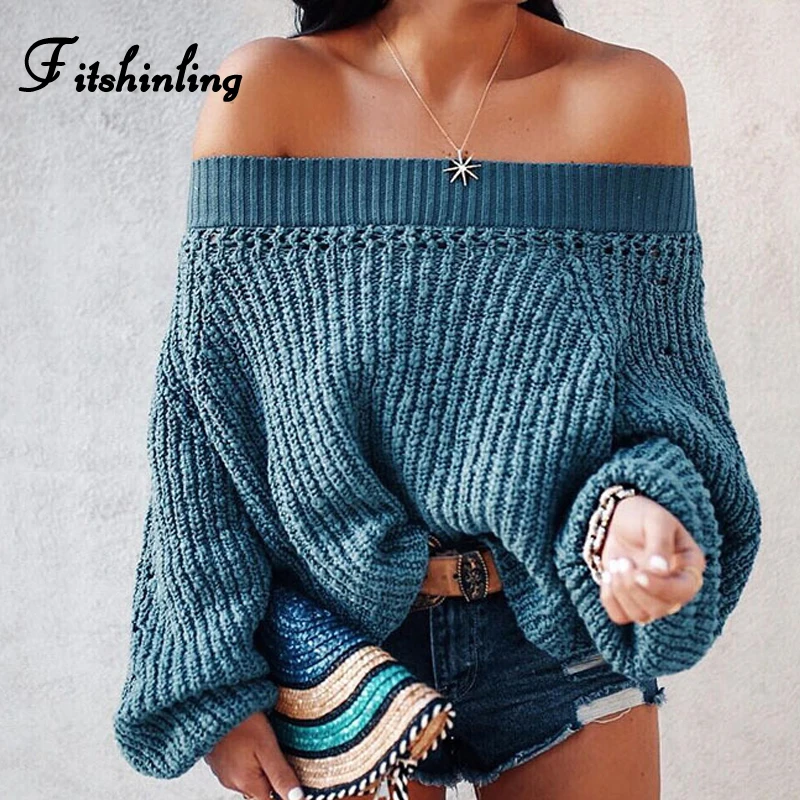 

Fitshinling Off shoulder sweater knitwear korean fashion lantern sleeve women sweaters and pullovers sexy winter knitted jumpers