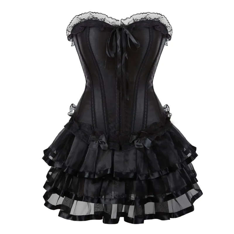 

Black Corsets Dress for Women Sexy Overbust Corset Bustier Lingerie Top With mini Skirt Gothic Moulin Rouge Showgirl Clubwear