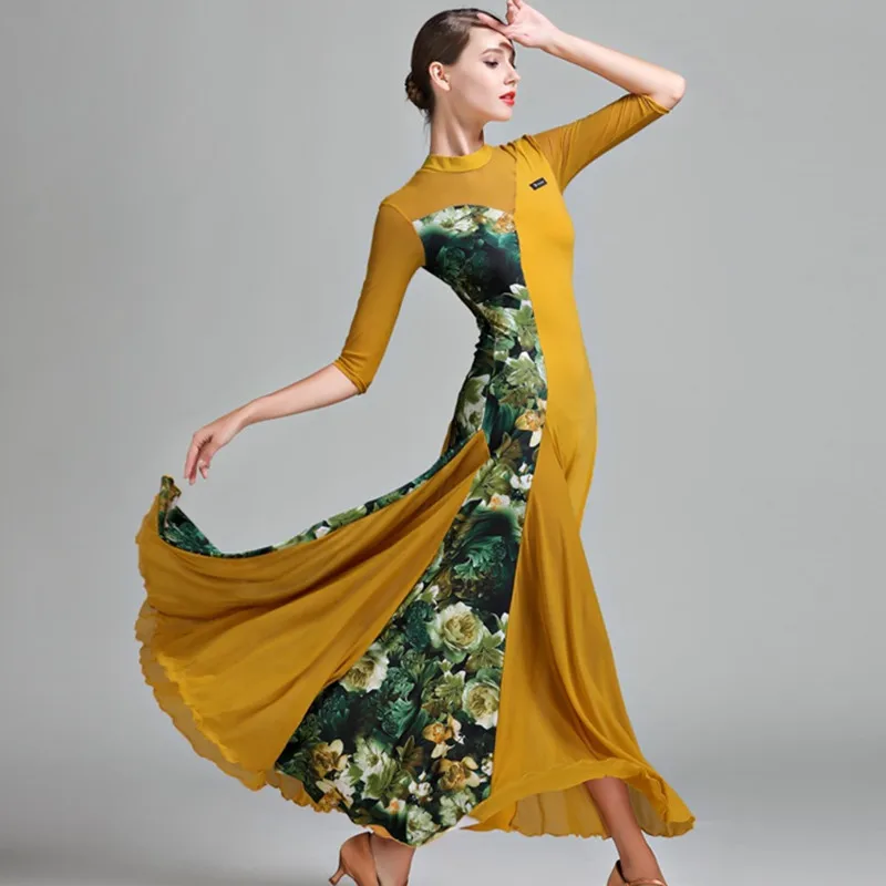 Floral Contrast Color Ballroom Dress Woman Waltz Dance Costume Spanish Flamenco Dress Fox Trot Party Ballroom Dance Clothing