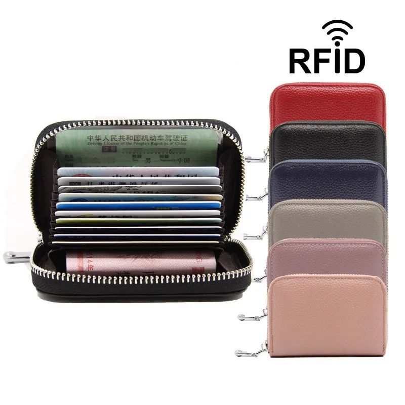 

Fashion Genuine Leather Men Women Card Holder Wallets RFID Blocking Purse Zipper Credit Card Bag Zipper Mini Wallet