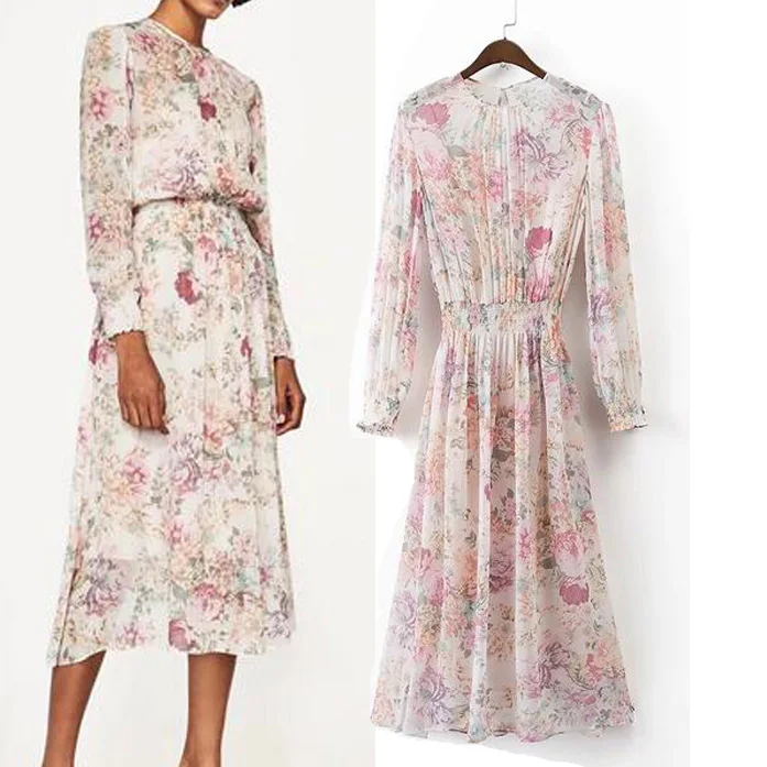 

Summer Women Floral Chiffon Dress Charming Long sleeve Elastic Waist Casual Mid Calf Dresses Maxi Robe Femme 2019