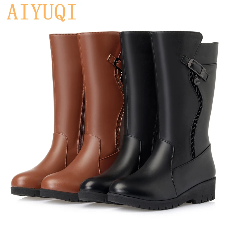 Nuevos Gruesa Wool 41 brown Caliente black Tamaño Planos Mujer Nieve Gran brown Cuero Fluff Para 42 43 Genuino La Wool Aiyuqi Botas 2019 Black Las Fluff De Invierno Mujeres Lana 5qgP5aTw