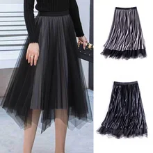 Высокая Женская Осенняя плиссированная юбка с асимметричным подолом, сетчатая плиссированная Повседневная Женская юбка DSM