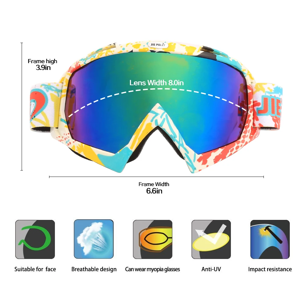 Jiepolly نظارات التزلج التزلج الثلوج على الجليد نظارات الثلج النظارات الشمسية الرجال النساء متعددة اللون عدسة التزلج نظارات مكافحة الضباب