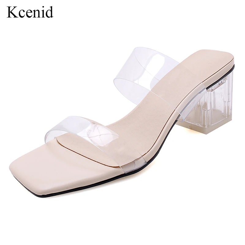 

Kcenid New women slippers PVC crystal heel transparent women sexy clear block heels open toe summer shoes plus size 33 41 42 43
