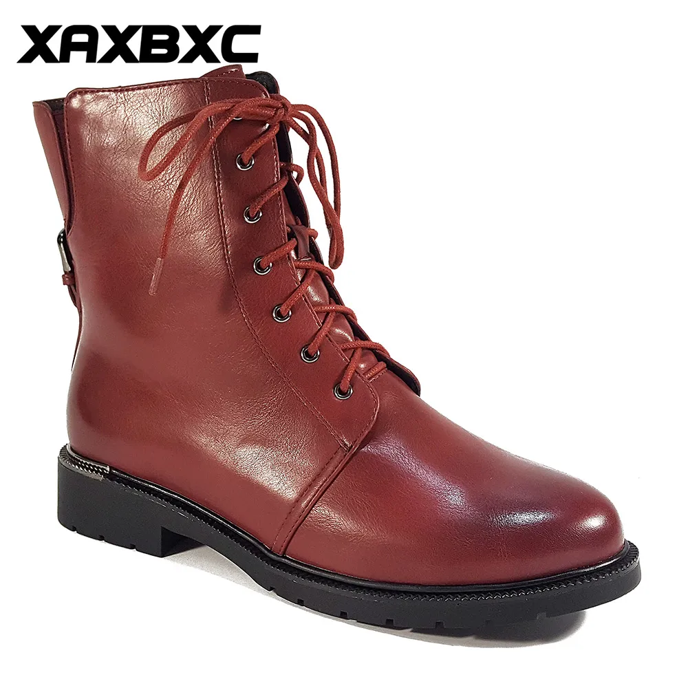 

XAXBXC Retro British Style Leather Brogues Oxfords Red Short Boot Women Shoes Metal Buckle Round Toe Handmade Casual Lady Shoe
