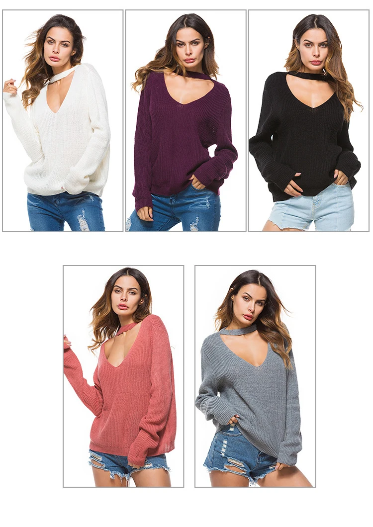 2018 Europe and the United States sexy women's V-neck sweater bottoming shirt deep neck V-neck sweater (4)