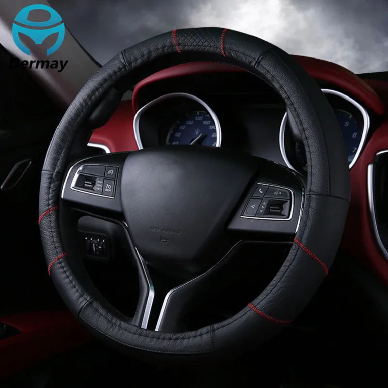 GENUINE LEATHER STEERING WHEEL COVER M Size Black Beige Gray with Red