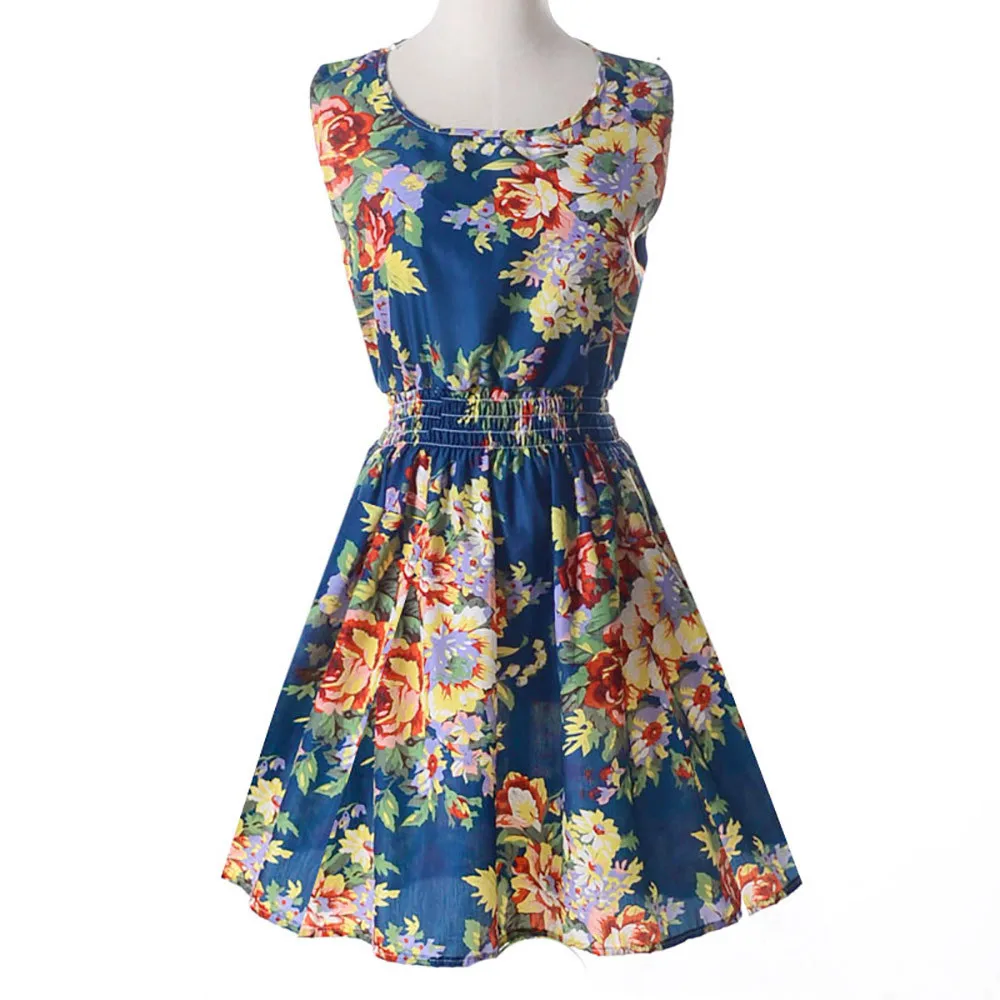 

Women Casual Chiffon O-Neck Sexy Sleeveless Print Beach Mini Party Dress 3.16