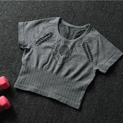 Бесшовные рубашки для йоги дышащие женские открытые сетчатые кроп-топы тройники с коротким рукавом спортивные футболки одежда для спортзала и тренировок спортивная одежда - Цвет: Темно-серый