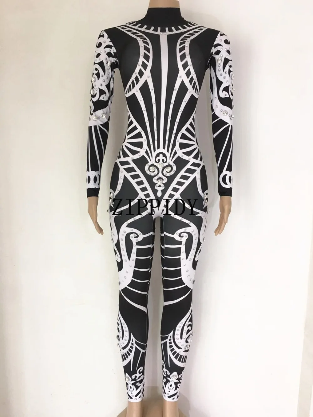 Fashion Shining Black White Printed Rhinestone Jumpsuit Female Leggings Costume One-piece Bodysuit Stretch Outfit Party Costume