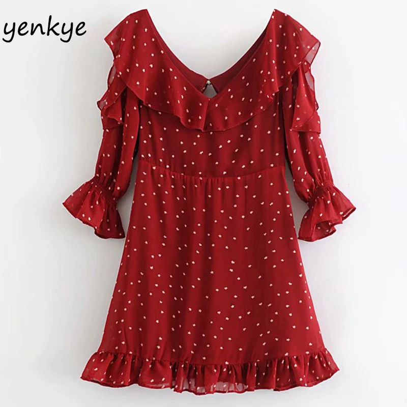 

2019 Women Polka Dot Sexy Backless Holiday Beach Dress Sweet Lady Ruffled V Neck A-line Mini Chiffon Summer Dress DWDD60147