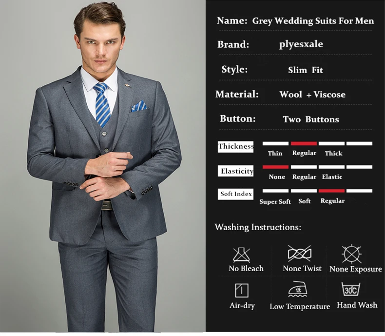 Plyesxale шерстяной костюм Для мужчин Slim Fit мужской деловой костюм высококачественные для жениха Свадебные костюмы для мужчин темно-серая куртка+ штаны Q7