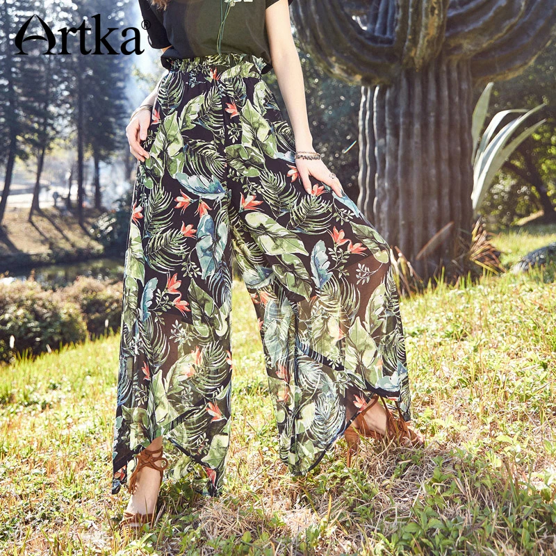 

ARTKA 2018 Summer New Female Elegant Holiday High Waist Printed Thin Loose Full Length Wide Leg Casual Pants KA10480C
