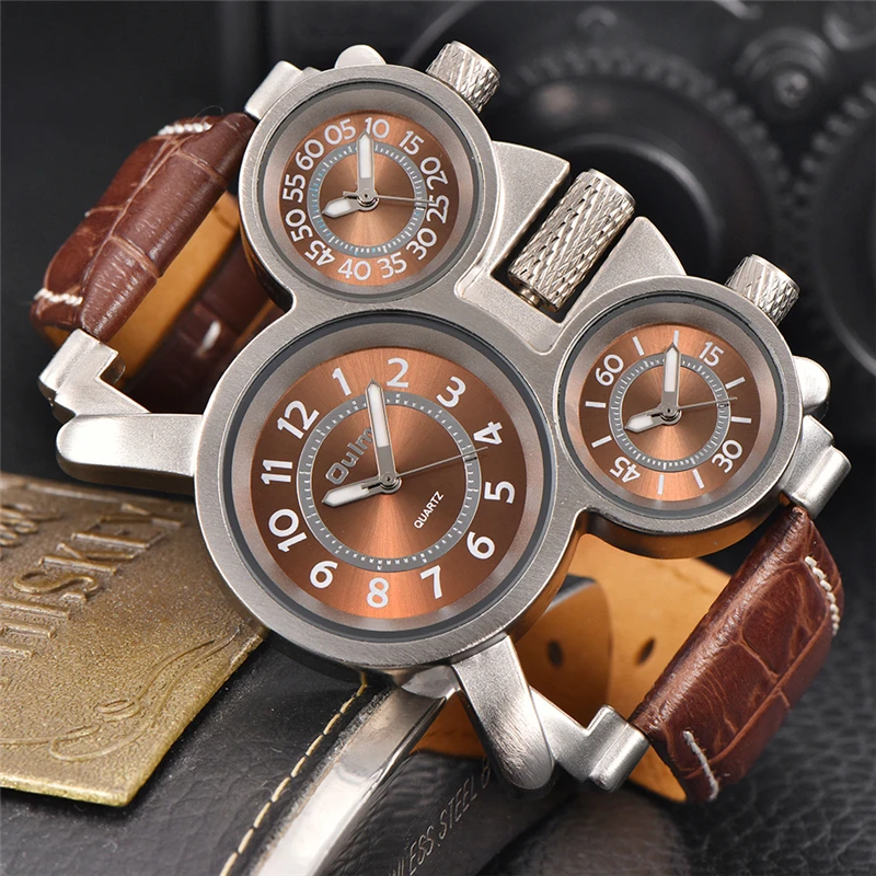 Prix Oulm Trois Fuseaux horaires Hommes Quartz Montres Casual Multiple Fuseau horaire Montre Unique De Luxe Hommes de Sport Montre Bracelet relogio masculino