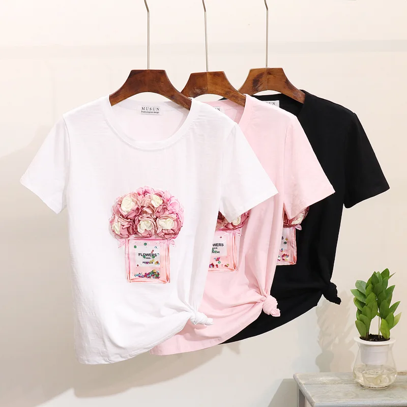 

2019 New Spring and Summer Women's Perfume Bottle Sequined Flower Print Short Sleeve T-shirt Female Casual Top Cotton Tees