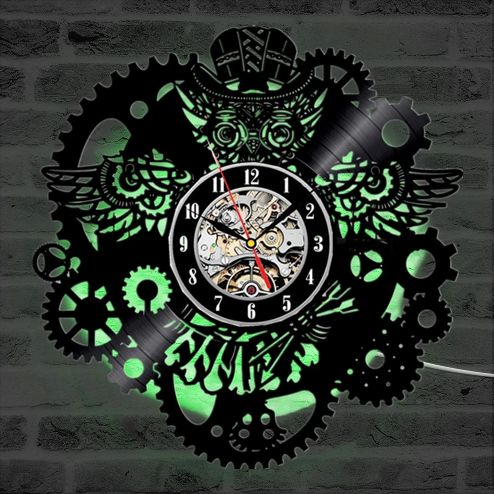 Сова виниловая пластинка настенные часы шестеренки Ночная Сова стимпанк светодиодный настенные часы домашний декор Cogwheels настенные часы с животными современные