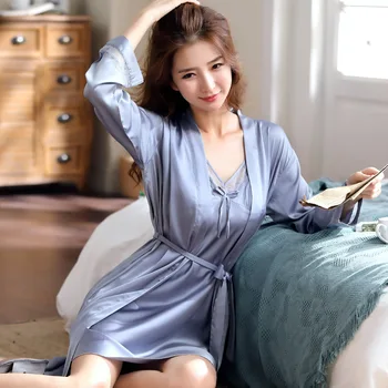 

Lady Nightgown Summer Two-piece Suit Sexy Nightdress Women Nightgown Bathrobe Home Clothes Ice Silk Pajamas