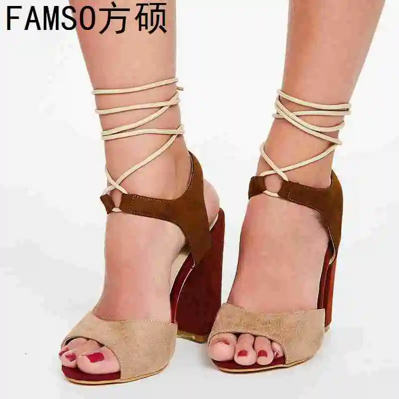 

FAMSO 2019 Size 35-43 New Arrival Women Sandals Designer Apricot Patchwork Peep toe High Heels Prom Sandals Summer Office Pumps