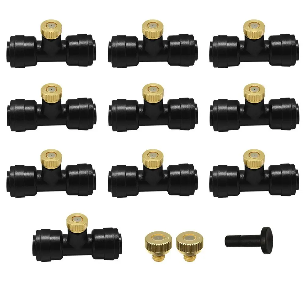 E077 (10Tee+12nozzle) 1/4'' Slip-Lock Low Pressure Nozzle Slip Lok Quick Connect 10/24 Misting Nozzle with Tees pipe fittings