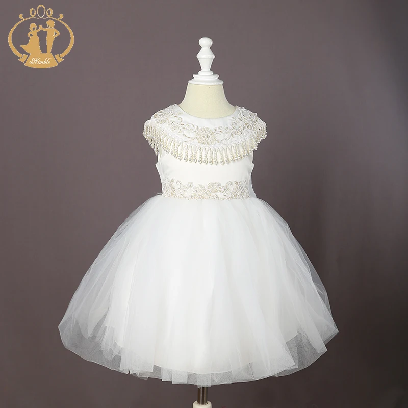 

Nimble clothes for girls Organza Knee-Length Flower Ball Gown Princes Wedding Party Girls clothes With Sashes Pearls vestidos