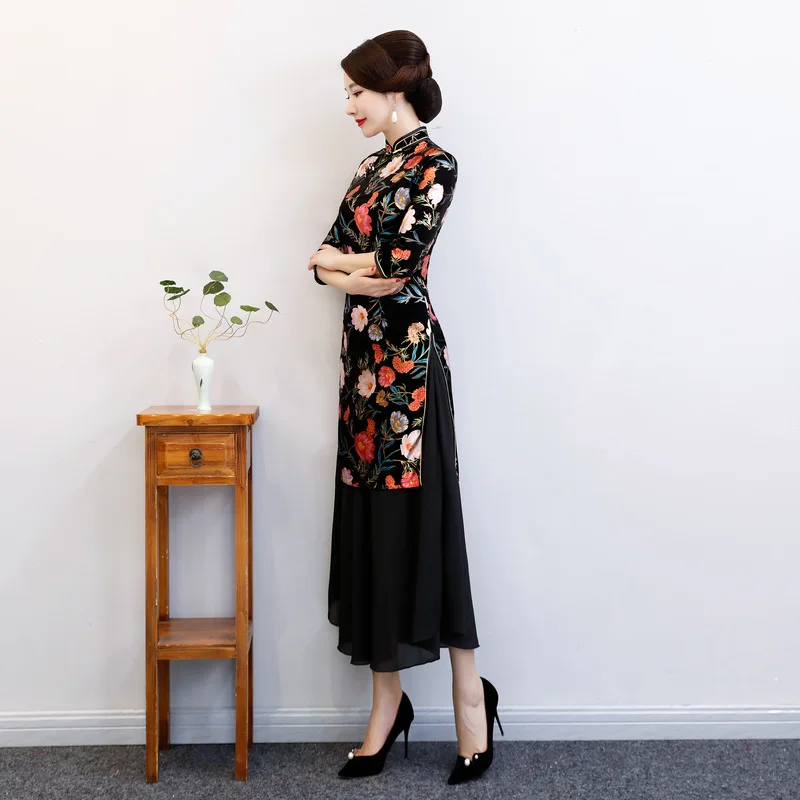 Женское длинное велюровое платье Qipao Dai облегающее на пуговицах в китайском стиле