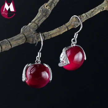 

Simple Red Jade Drop Earrings For Women Boho Hollow Plant Wedding Engagement Gifts 100% Real Sterling Silver 925 Jewelry SE139