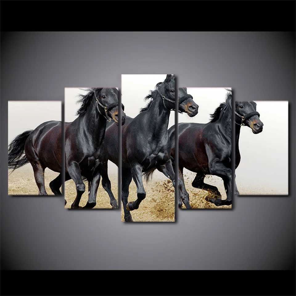 

5 Panel Black Horses Running Canvas HD Printed Poster Frame Painting Modular Living Room Wall Art Duvar Tablolar