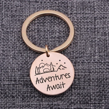 

Adventure Await Graduation Jewelry Gift Pendant Engraved Keychain Bag Charm Trinket Keyrings Key Holder Accessories Key Tag