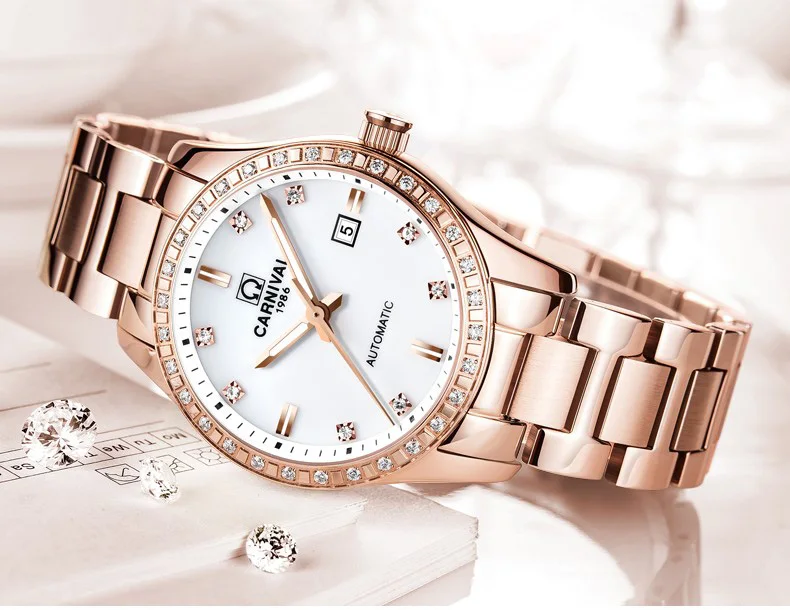 Sapphire Crystal Women Watches Fashion Ladies Watch For Women Bracelet Relogio Automatic Mechanical Clock Luxury reloj mujer - Цвет: Rose gold white