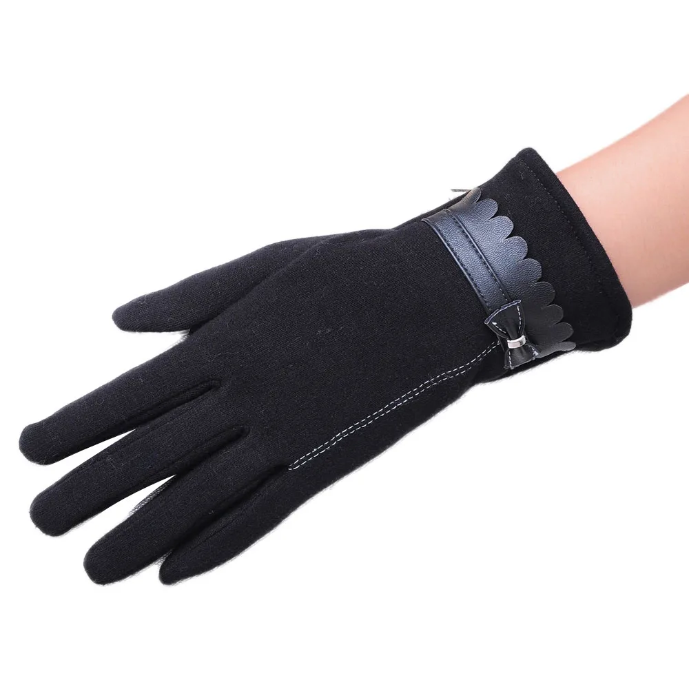 Korean Women gloves Cotton girl five fingers mittens PU Leather Bowknot
