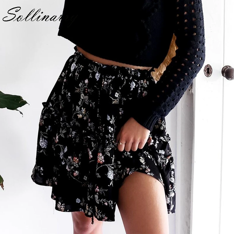 Vente Sollinarry Floral en mousseline de soie jupes décontractées femmes automne taille haute mode à volants fille hiver jupe 2019 plage noir féminin jupe