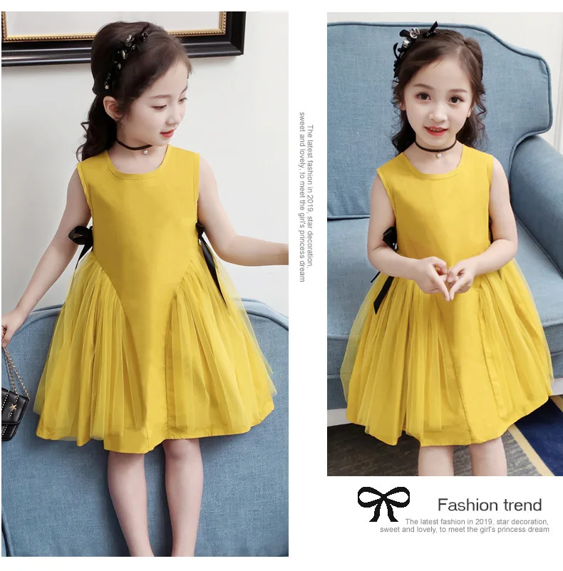 bow baby girl dress summer clothes a line 2019 mesh patchwork big girls dresses children party yellow teen kids clothing casual (1).jpg