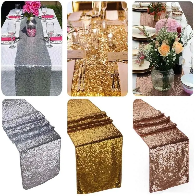 

New Gold Silver Champagne Sequin Table Runner Wedding Sparkly Bling Table Cloth Party Decor