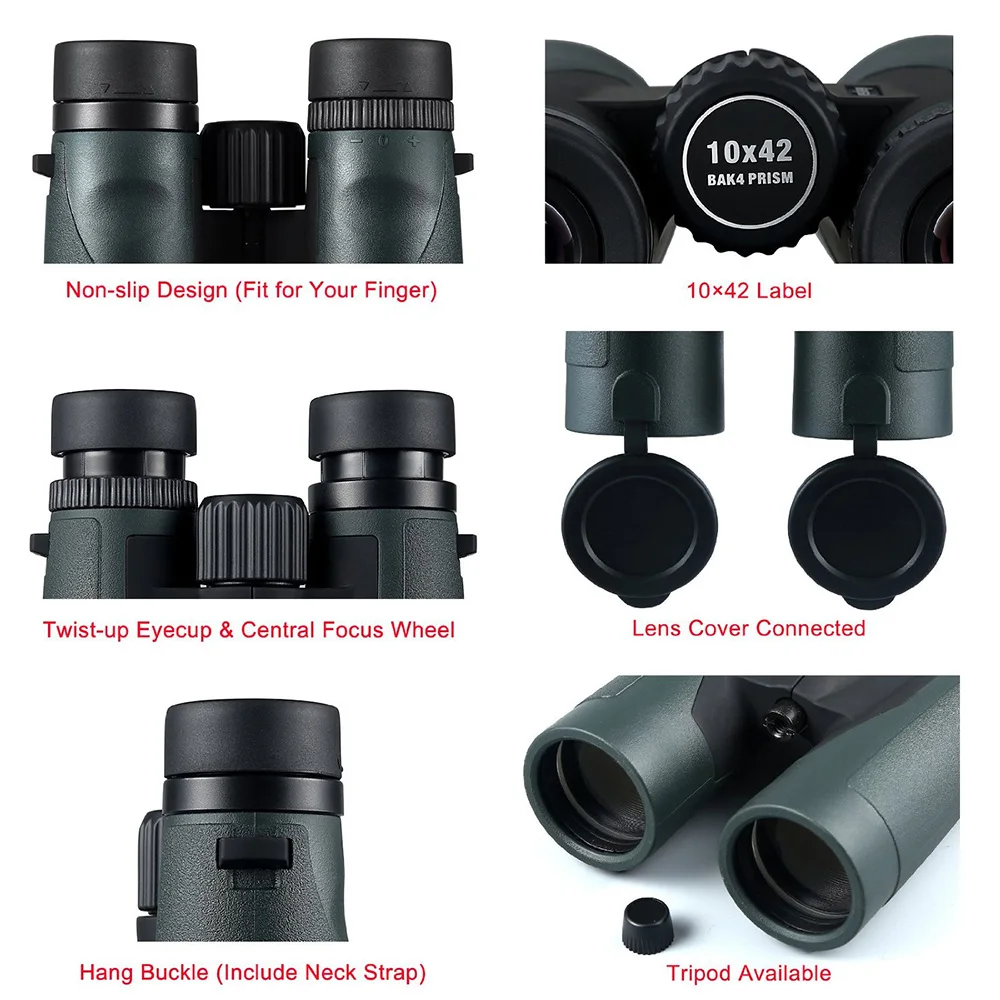 Многоцветный мощный бинокль Eyeskey HD 10x42 с призменным телескопом Bak4